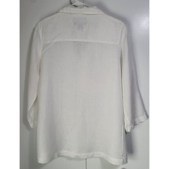 TAHARI Women's SZ LG White 100% Linen Tunic Top Blouse Beach Collared 3/4 Sleeve - Picture 2 of 7